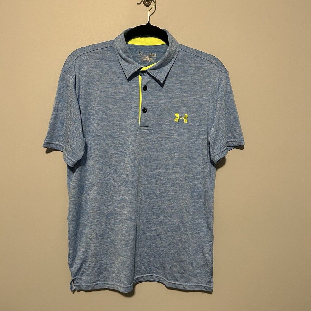 Under Armour Loose Mens Golf Polo Shirt Size L Solid Blue Collared Short Sleeve